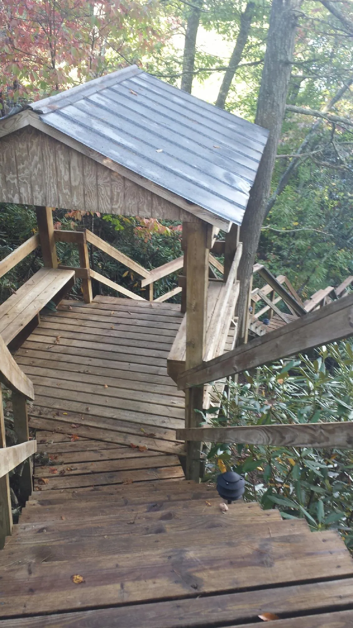 Metal roofed shelter over wooden steps on a wooded walkway — Skylight Repair & Installation work by our crew in Cypress